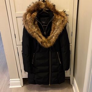 Mackage Odessa Black Down Parka with Brown Faux Fur Trim Hood